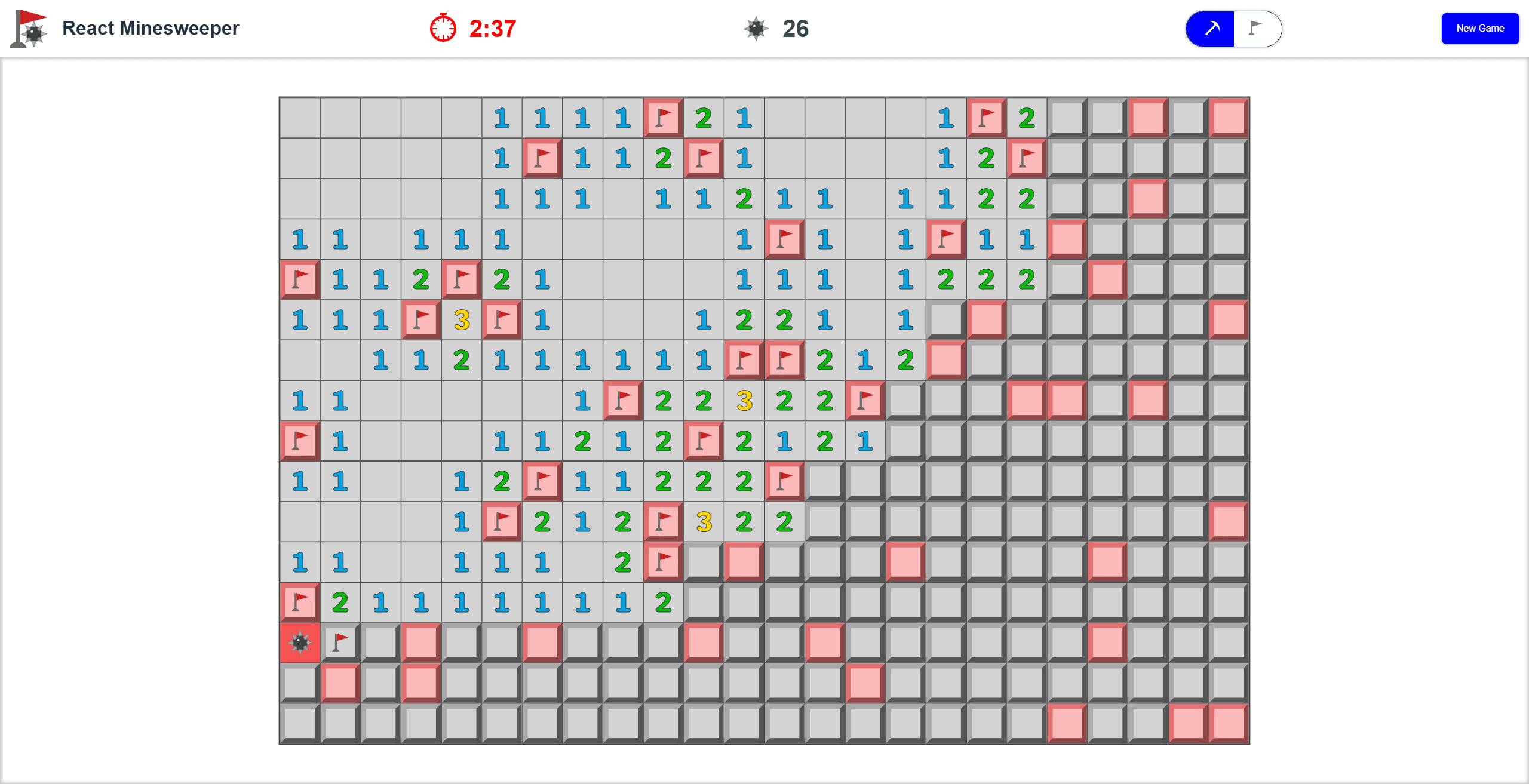 Game of React Minesweeper after player has lost