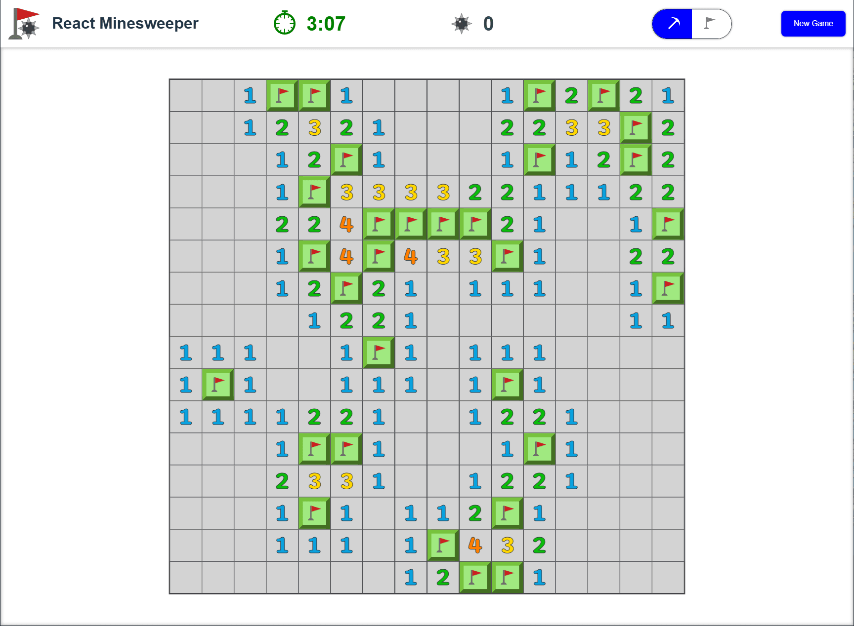 Game of React Minesweeper after player has won
